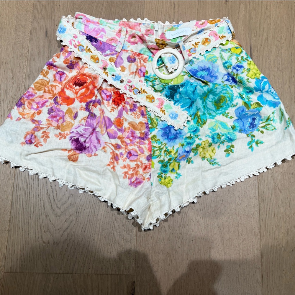 Zimmermann Floral Linen-Blend High-Waist Shorts with Belt